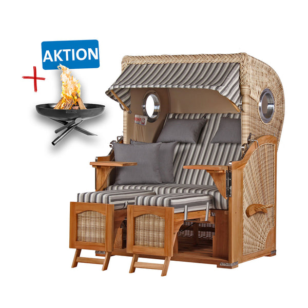 AKTION: Strandkorb DÜNE, Design 01424 grau gestreift inkl. Feuerschale