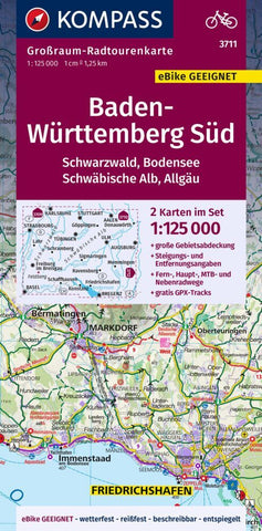 KOMPASS Großraum-Radtourenkarte 3711 Baden-Württemberg Süd, Schwarzwald, Bodensee, Schwäbische Alb, Allgäu 1:125.000 - Bild 1